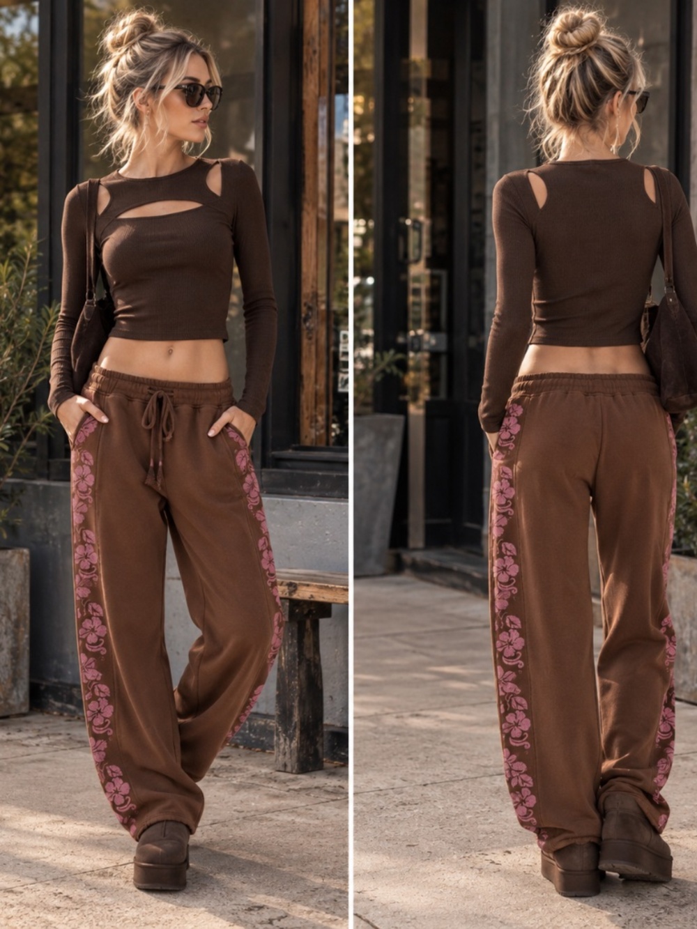 ROXY Brown Floral Side Stripe Low Rise Sweatpants NWT Size S - Picture 3 of 9